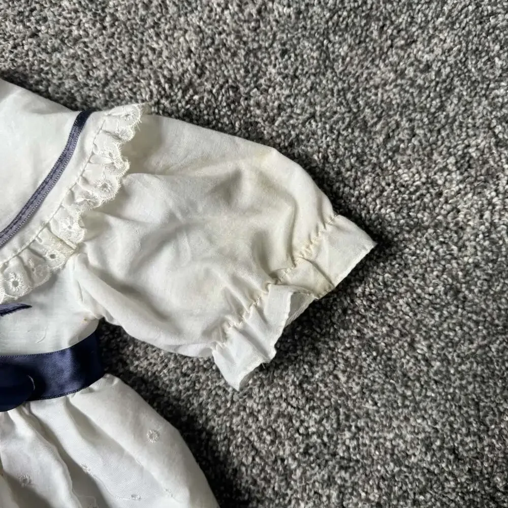 Vintage White Eyelet Lace Party Dress Navy Ribbon Baby Girls 6-9M